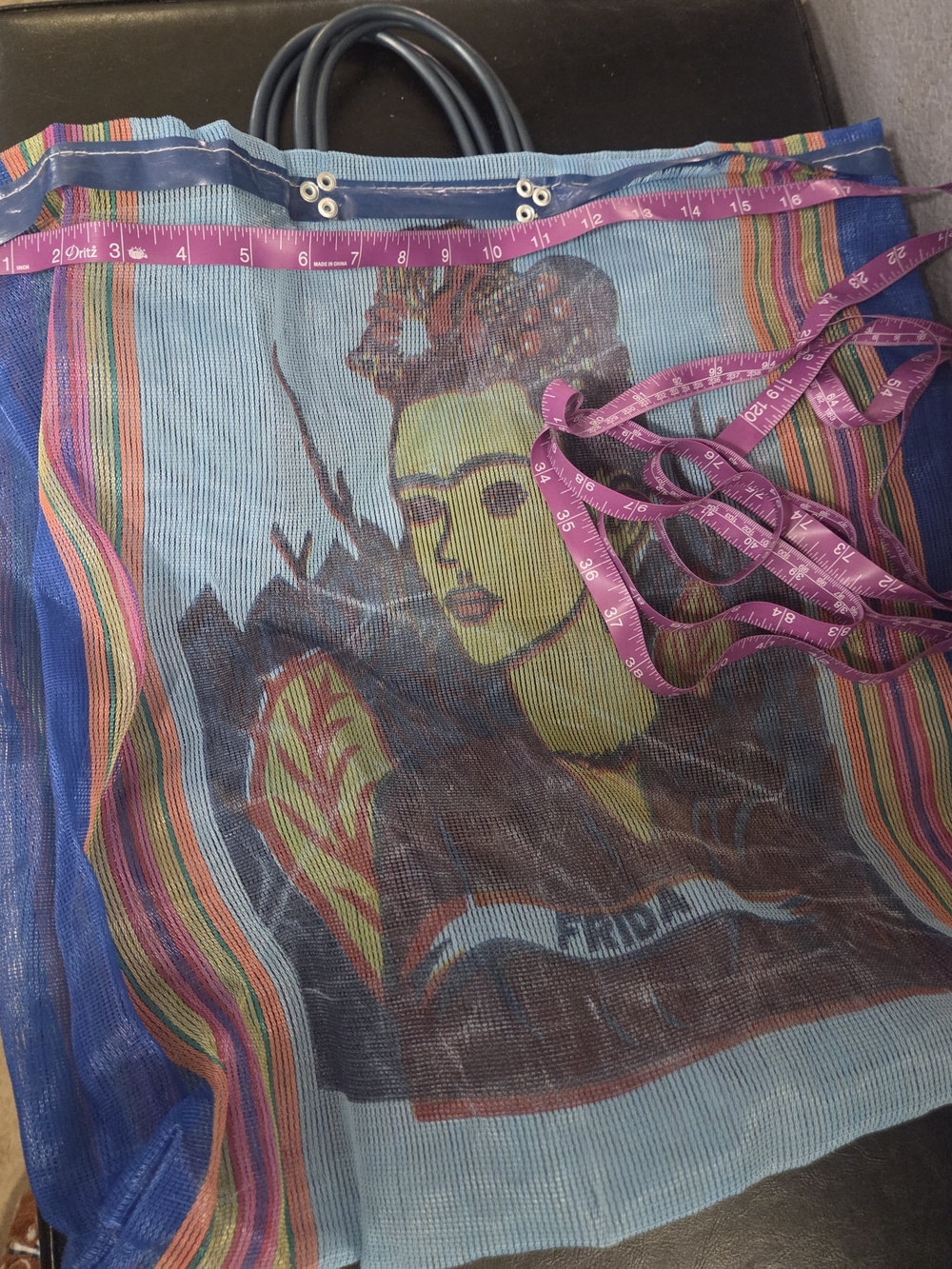 Upcycled Frida Kahlo Inspired Large Blue Striped Tote - Picture 6 of 9